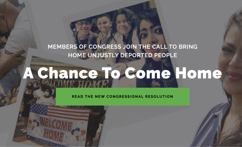 Image of section of the home page saying: A chance to come home. Read the new Congressional resolution.